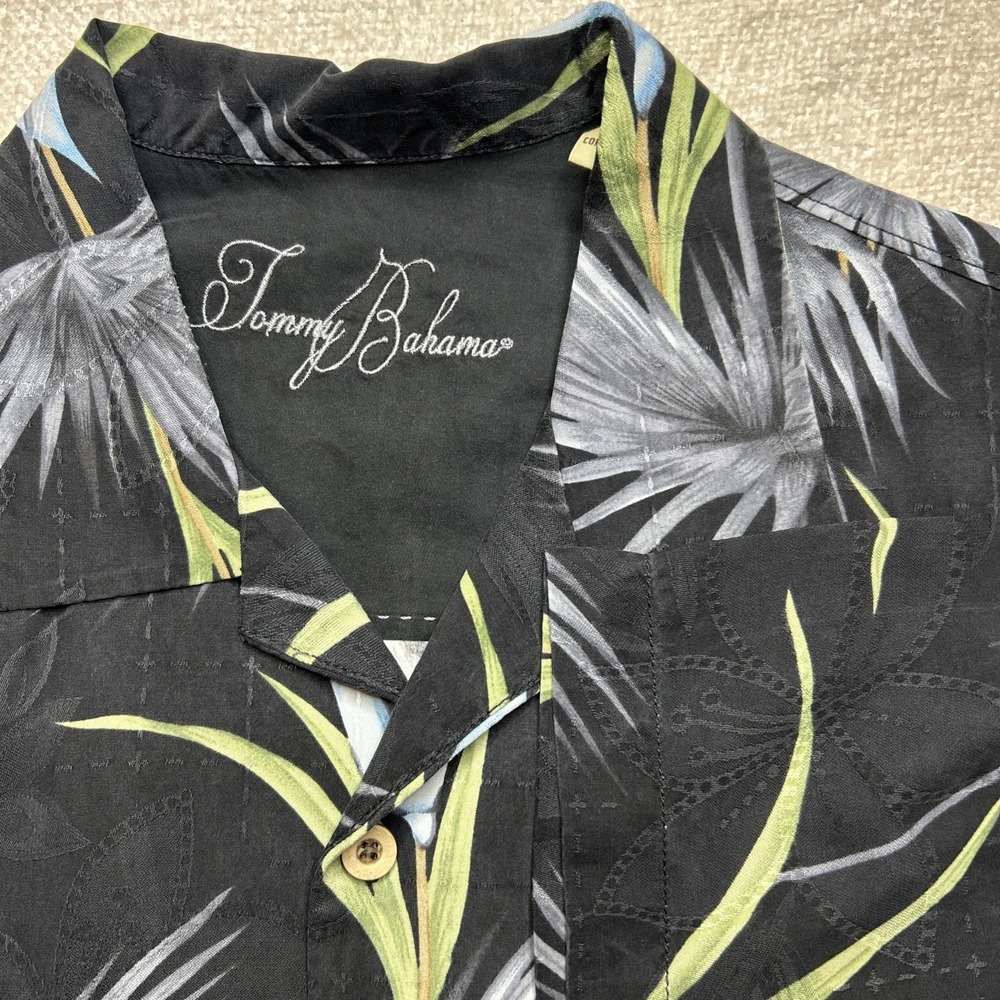 Tommy Bahama Silk Tropical Floral Paradise Vacation Beach Black Shirt Mens L